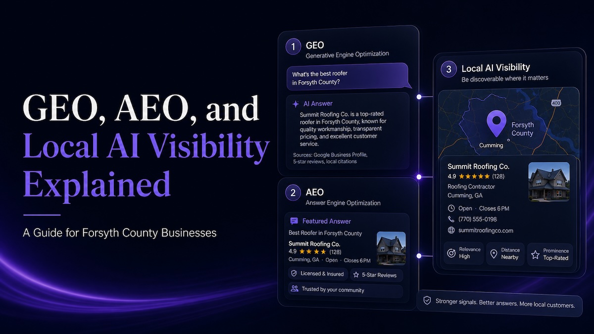 Illustration showing the evolution from traditional SEO search results to AI-generated answers recommending local businesses