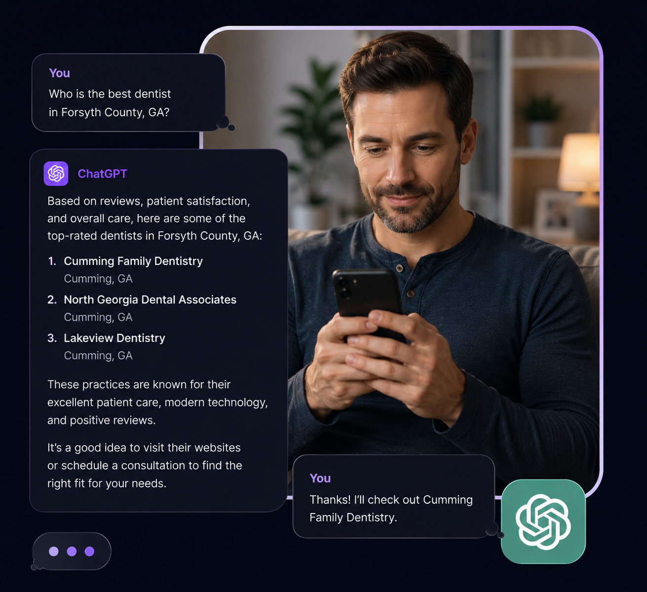 AI conversation mockup showing dental recommendations