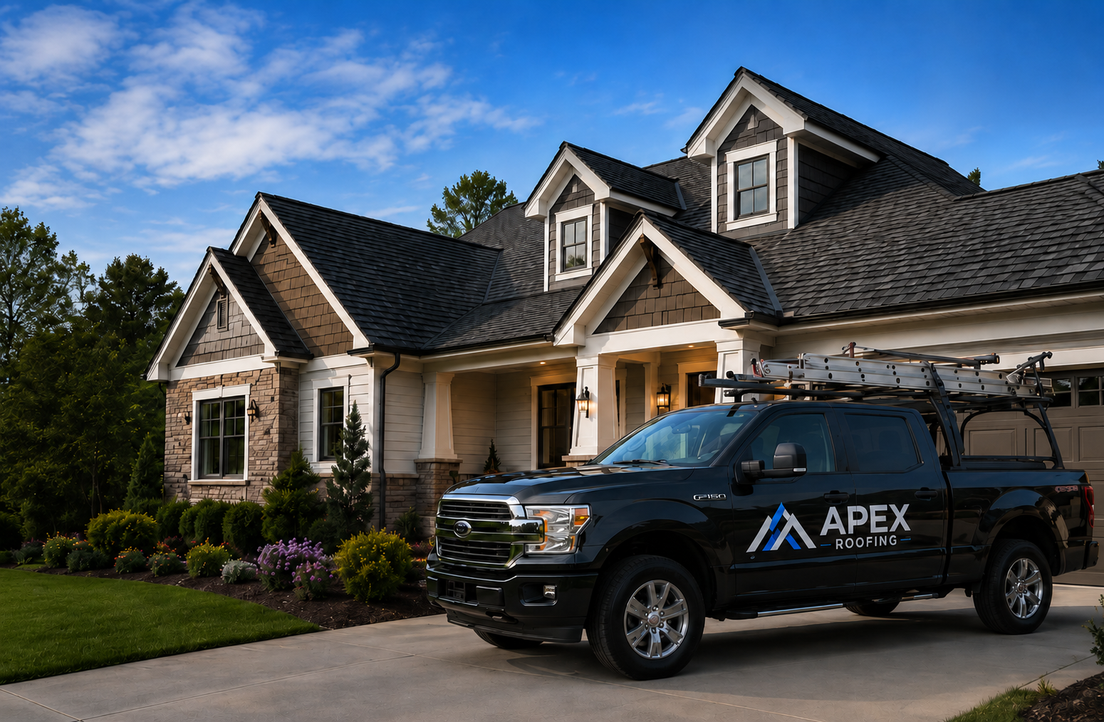 Apex Roofing truck in front of home in Forsyth County, GA