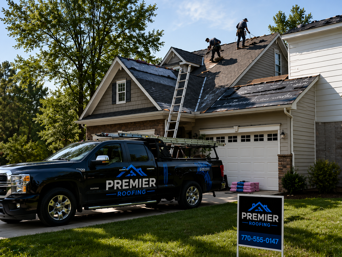 Premier Roofing crew working on a home in Forsyth County